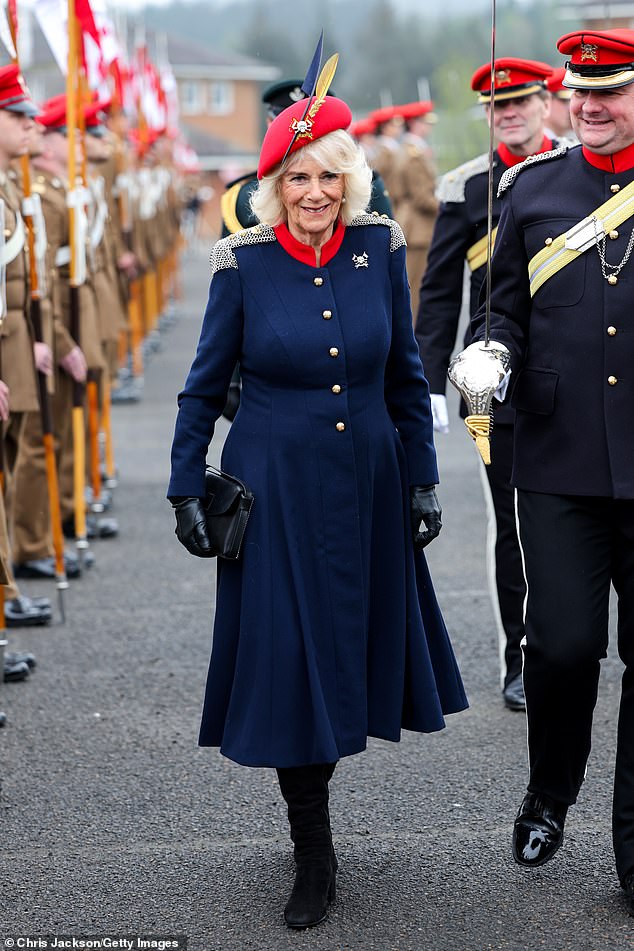 It was an emotional day for Queen Camilla, who today visited The Royal Lancers, the regiment in which her later father served, in North Yorkshire for the first time since she was appointed Colonel-in-Chief.
