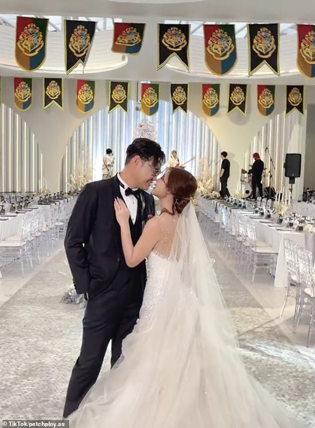 A content creator who goes by @petchyploy.ss on TikTok, from Bangkok, enjoyed a Harry Potter-themed wedding day (pictured)