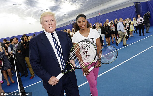 Donald Trump photographed with Serena Williams in 2015 when she teed off at the grand opening of the Tennis Performance Center at Trump National Golf Club in Virginia.