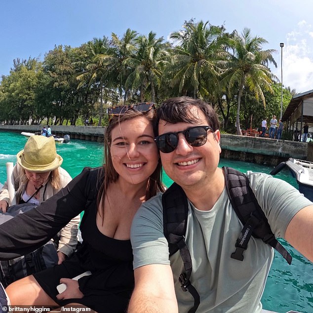 Brittany Higgins is pictured with her fiancé, David Sharaz, on vacation in the Maldives.