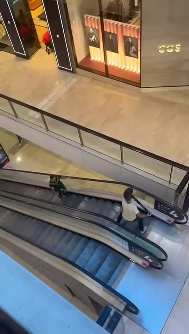 Damien Guerot grabbed a retractable barrier and confronted killer Joel Cauchi, 40, as he advanced menacingly down an escalator (pictured).