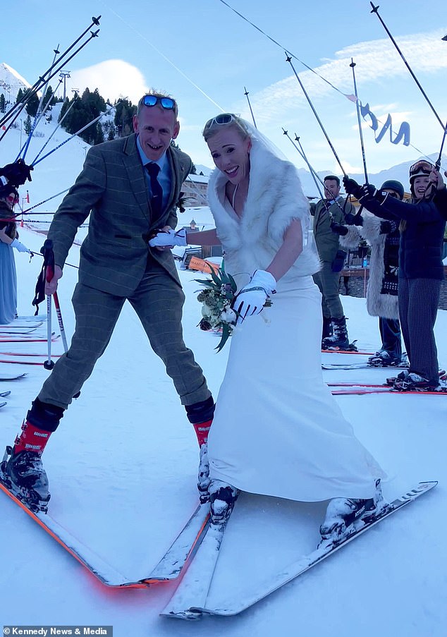 Laura (right) has been skiing since she was a child, so she started teaching her now-husband Robert Norcott, 34, (left) just three months into their relationship, and has hit the slopes regularly since .