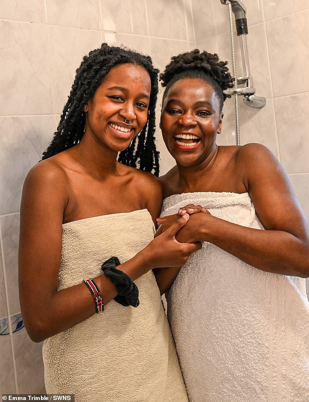 Psychologist Angela Karanja, 48, and her daughter Dee, 18, from Banbury.  They shower and bathe together to promote body positivity.