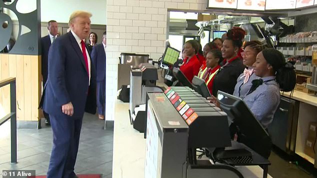 Trump was filmed in a good mood while visiting a Chick-Fil-A in Atlanta, where he picked up the tab for the entire restaurant.