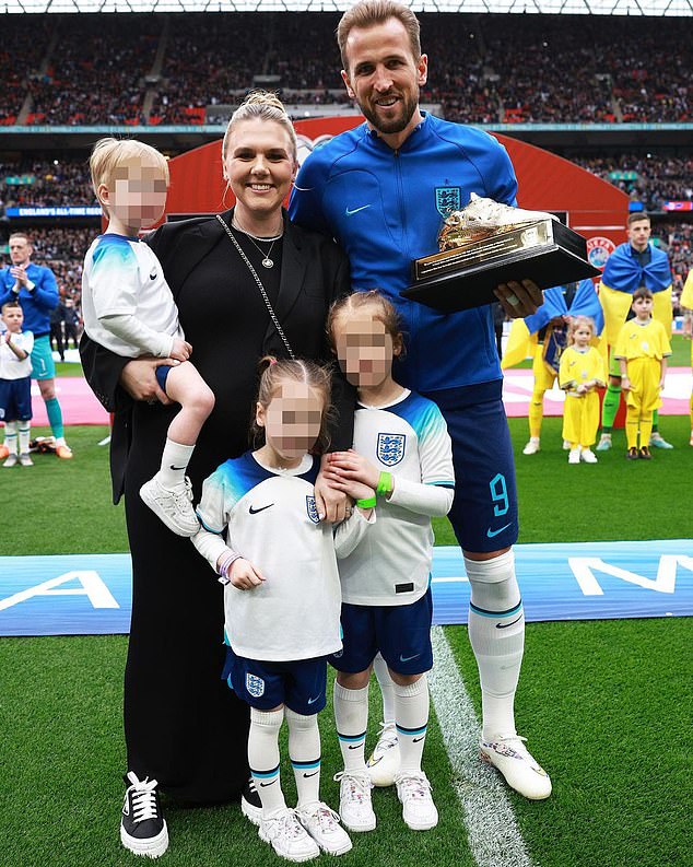 Harry Kane's three eldest children, Louis, Vivienne and Ivy, were unharmed after a car accident in Germany on April 8.  The football star's wife (pictured) and his fourth child are not believed to have been involved.