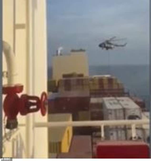 Footage of the mission taken by a crew member shows at least three commandos descending a rope from a helicopter to the ship.