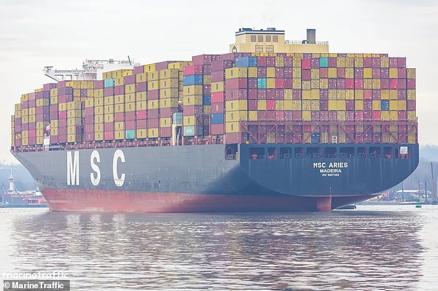 MSC Aries (pictured) is transported to Iranian waters