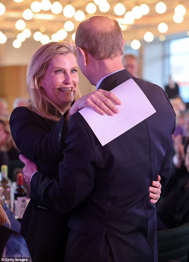 Prince Edward and Sophie embrace after her emotional speech praising him on his 60th birthday when she said: 