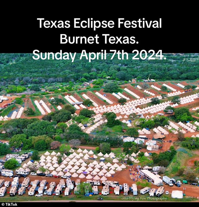 The Texas Eclipse Festival in Burnet is drawing thousands of attendees despite bleak weather forecasts;  Pictured: Drone footage from the Texas Eclipse Festival