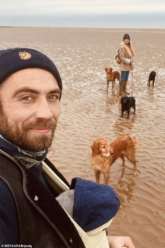 The Princess of Wales' brother James Middleton (pictured) with his wife Alizee, their son Inigo and four of their dogs.