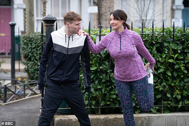 The two soap stars play Honey Mitchell and Jay Brown in the BBC soap, who run the Lola Mitchell Memorial Marathon (pictured in the soap).