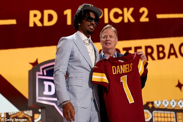 Jayden Daniels poses with commissioner Roger Goodell after being selected second overall