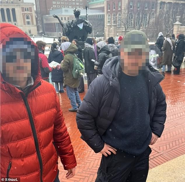 A Jewish Columbia University student is suing the school after being suspended for using 'fart spray' at an anti-Israel protest after an image of two men (pictured) went viral, although it is not known. has confirmed whether the men in the photo were involved.