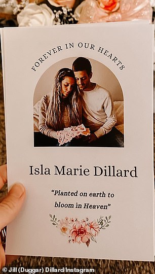 The couple shared photos from the funeral program of their daughter who was stillborn in the fourth month of pregnancy.