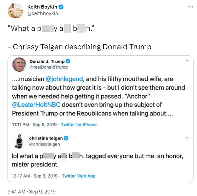 A Twitter 'whistleblower' testified that the White House sought to have the company remove a 2019 tweet from Chrissy Teigen that called then-President Donald Trump a 'b**** a** b****.'  It came at a hearing organized to shed light on the suppression of a report about Hunter Biden's laptop.