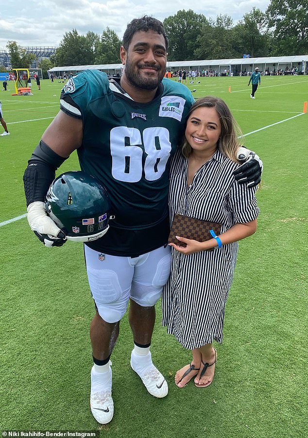 Jordan Mailata (pictured with fiancee Niki Ikahihifo-Bender) will now earn a whopping $33 million per season in his new contract with the Philadelphia Eagles.