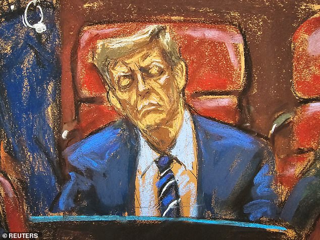Former US President Donald Trump sits at the defense table during jury selection in his trial on charges of falsifying business records to conceal money paid to hush porn star Stormy Daniels in 2016, at Manhattan state court in New York City, USA, April 16, 2024. in this courtroom sketch.