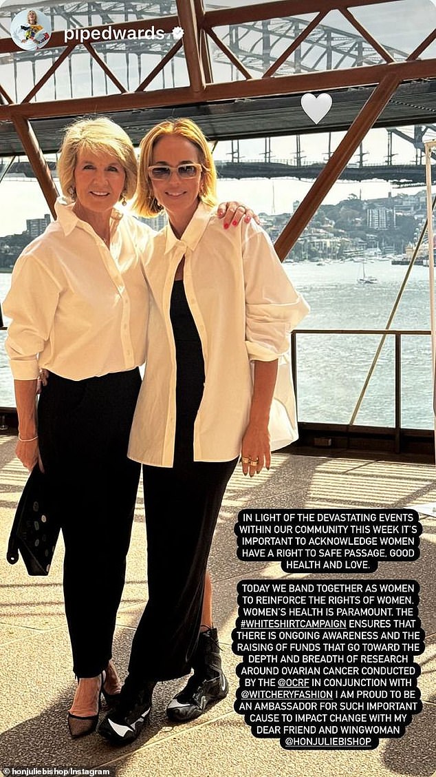 Julie Bishop has shared a powerful message for women after the Westfield Bondi massacre.  Pip Edwards had written a touching caption on the photo, which Julie then reposted on her own social media.  In the photo