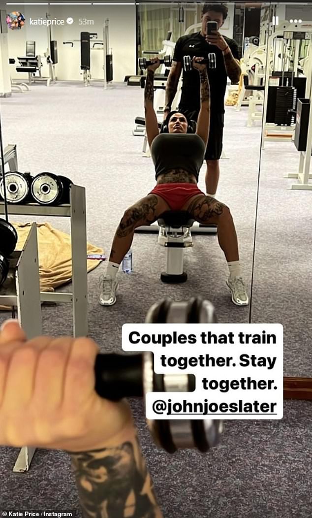 Katie Price hit the gym with her boyfriend JJ Slater while on vacation Sunday after failing to show up for a bankruptcy hearing.