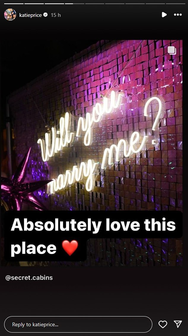 The former glamor model, 45, and JJ, 31, who confirmed their romance in February, are currently enjoying a romantic getaway in a cozy cabin and Katie shared a snap of this sign.