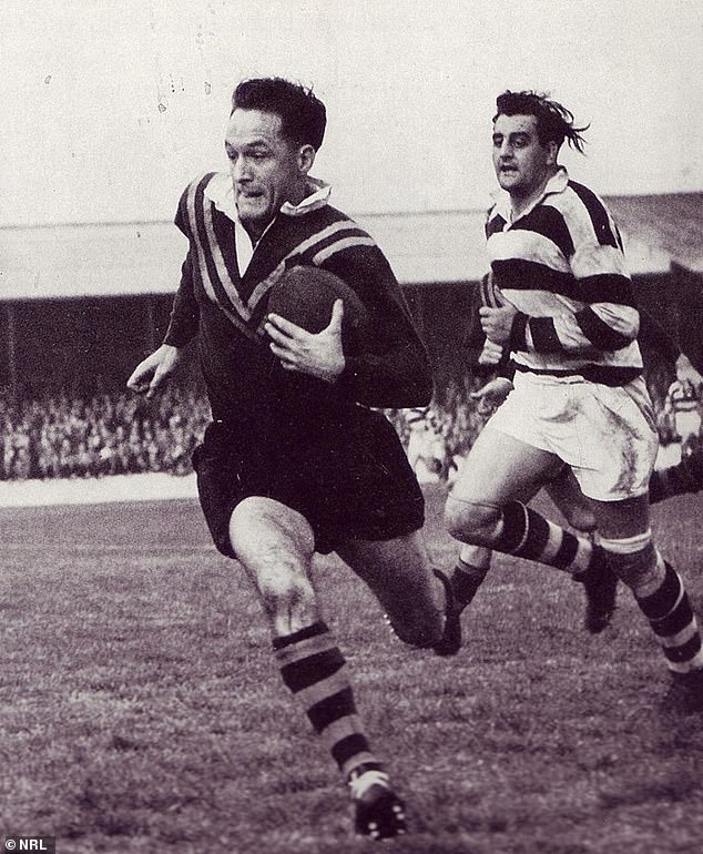 Barnes (left) is pictured playing for Australia during a career that saw him rack up 194 appearances for his beloved Balmain Tigers before also excelling off the field.
