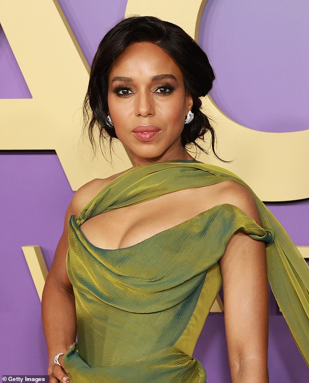 Kerry Washington revealed she used to pin her engagement ring to her underwear to keep the news private;  Pictured at the NAACP Awards in March.