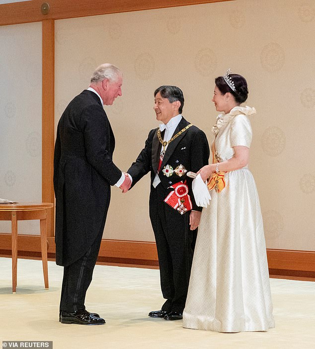 Emperor Naruhito of Japan and Empress Masako welcome Charles before a court banquet at the Imperial Palace in Tokyo, Japan.  October 22, 2019