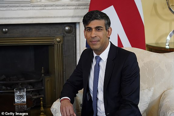 LONDON, ENGLAND - APRIL 9: UK Prime Minister Rishi Sunak poses for the media ahead of his meeting with Rwandan President Paul Kagame at 10 Downing Street on April 9, 2024 in London, England. Addressing dignitaries and world leaders in the Rwandan capital, Kigali, on Sunday, commemorating 30 years of the 1994 genocide, the Rwandan president confronted the international community for not intervening. (Photo by Alberto Pezzali - WPA Pool/Getty Images)