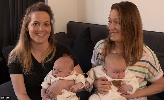 Speaking on Lorraine this morning, the couple said they decided to do it this way so they could feel a special bond with each other's children.  Pictured: Emily (right) and Kerry (left) holding their children.
