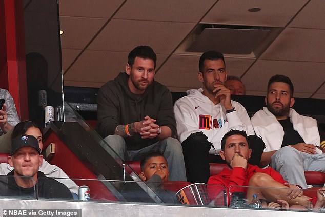 Lionel Messi was seen sitting alongside Sergio Busquets and Jordi Alba at the match.
