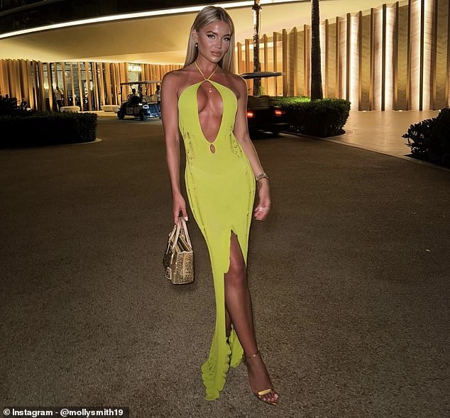 Molly Smith, 29, stuns in a lime green dress in throwback shots from her trip to Dubai with her boyfriend Tom Clare, 24, which she shared on Instagram on Friday.