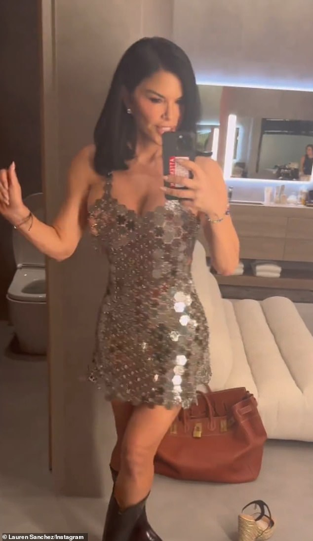 Sánchez posted an image of her getting ready and trying on a sparkly disco ball dress on Instagram.