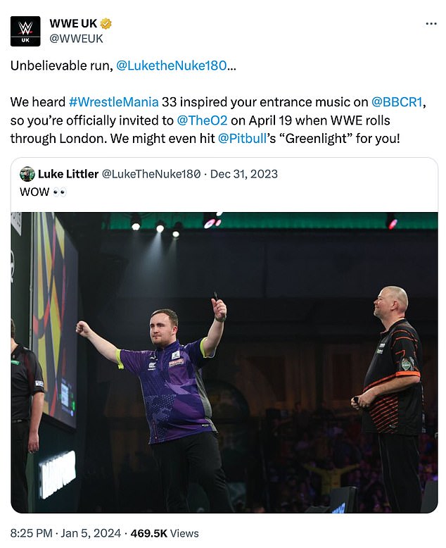 The wrestling organization reached out to the teenage darts star and praised him for his sensational run to the PDC World Darts Championship final in January.
