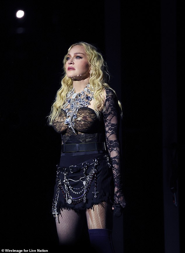 Madonna is in trouble, once again, for the late start of her concerts;  seen on October 15, 2023 in London, England