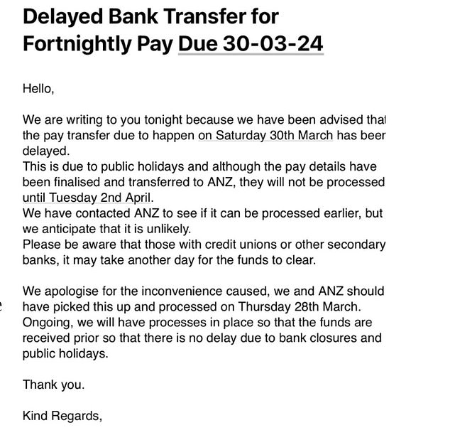 Staff received an email from Nine group financial operations director Danielle Abandowitz telling them the payment they were due to receive on Saturday would not be processed until Tuesday.