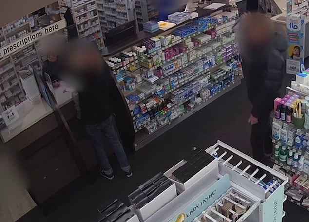 Distressing CCTV footage showed a man wielding a knife (right) at a pharmacy in the coastal town of Torquay, 105 kilometers south-west of Melbourne, at around 10.45am on Saturday.