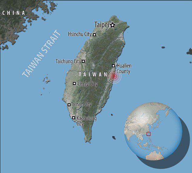 The earthquake struck shortly before 9am Japanese time (12am GMT, 1am UK time) in far eastern Taiwan, south of the coastal city of Hualien.