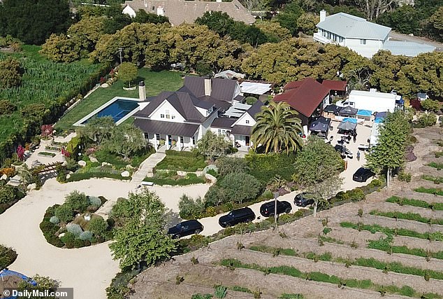 Production trucks and tents lined the driveway of a $5 million property located on eight acres of avocado and lemon groves in a gated community in Montecito for filming. 