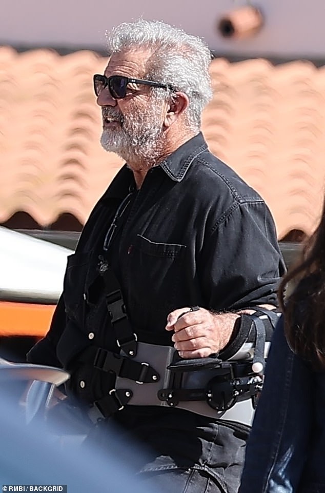 Mel Gibson (pictured) has been recovering from a shoulder injury lately and was out and about on Sunday in a sling.