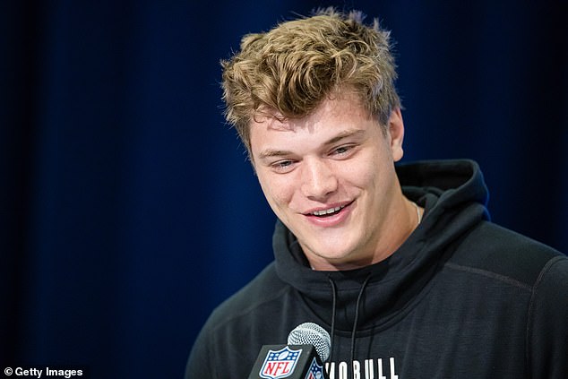JJ McCarthy is seen at the NFL Combine in March.  He was selected by Minnesota on Thursday.