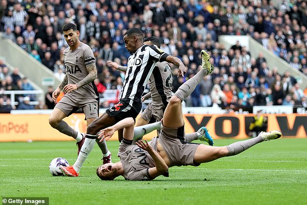 Tottenham defender Micky van de Ven slipped twice on Newcastle goals in the first half