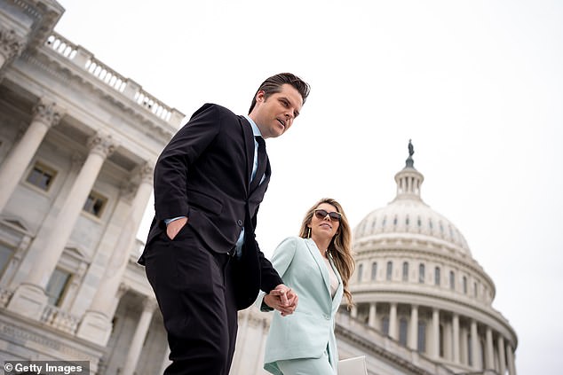 Gaetz on April 19 with his wife Ginger on the steps of the Capitol after the House allowed the foreign aid package to advance with a vote this weekend.