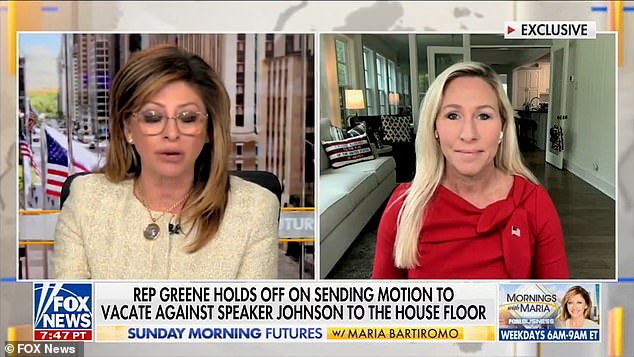 Marjorie Taylor Green discussed her efforts to unseat President Mike Johnson with Fox Business host Maria Bartiromo.