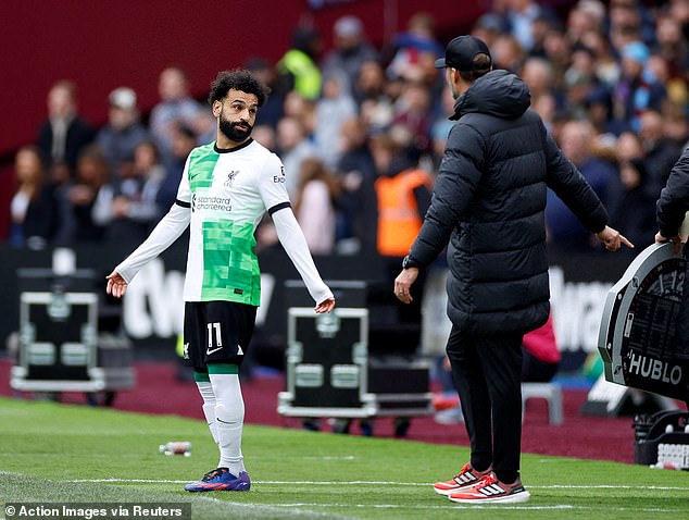 Mohamed Salah argued with Jurgen Klopp on the touchline as he prepared to take on Liverpool during their 2-2 draw against West Ham on Saturday.