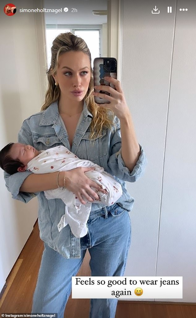 Model Simone Holtznagel, 30, (pictured) revealed on Sunday that she was back in jeans a week after welcoming her first child with boyfriend Jono Castano.