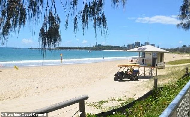A man is fighting for his life after being pulled from the water unconscious and not breathing on Mooloolaba Spit beach (pictured) on the Sunshine Coast on Thursday.