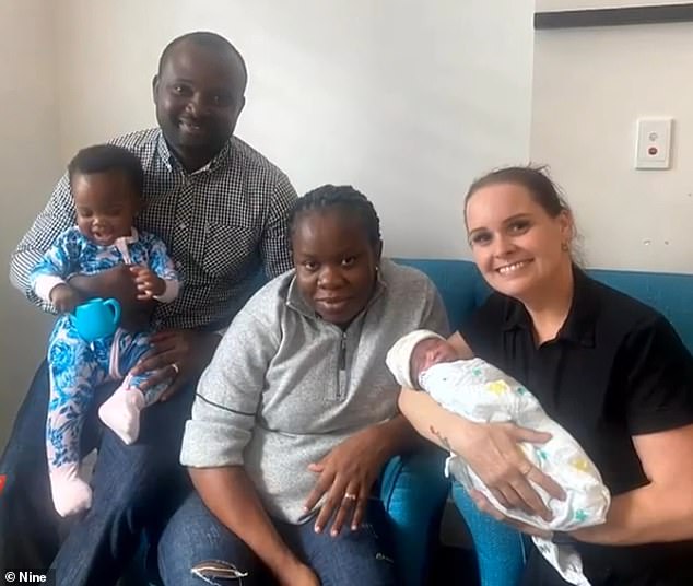 Sharyn Daley, who helped deliver baby Winston in the parking lot of a 7-Eleven gas station, met with the boy and his family (pictured together)