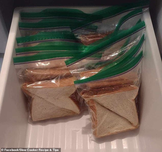 A mother prepares peanut butter sandwiches for the week and stores them in the refrigerator