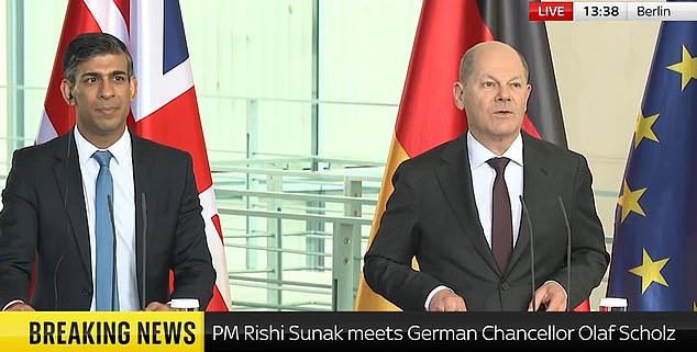 Rishi Sunak meets the German chancellor today and urges NATO allies to follow Britain's example on defense spending.
