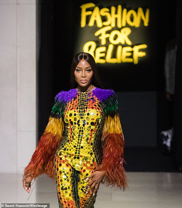 Naomi Campbell's high-profile Fashion For Relief charity has been closed amid the charity's watchdog investigation into allegations of financial mismanagement, The Mail on Sunday can reveal (pictured: Ms Cambell at London Fashion Week in 2019).